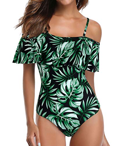 Retro Off Shoulder Ruffled One Piece Swimsuit For Women-Tropical Leaf