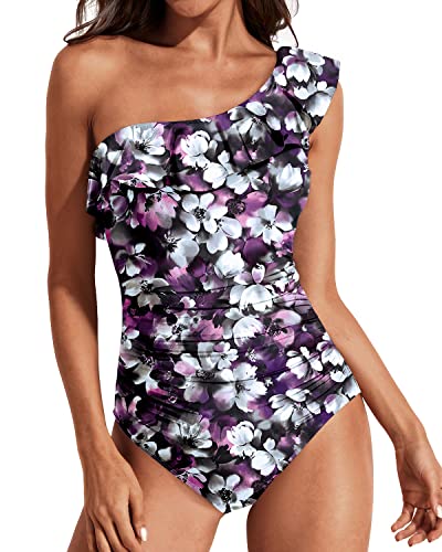 Floral Print Women's Tummy Control Ruffle One Shoulder Swimsuit-Purple Floral