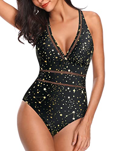 Mesh Hollow Out Backless Women One Piece Monokini Swimsuit-Gold Stars