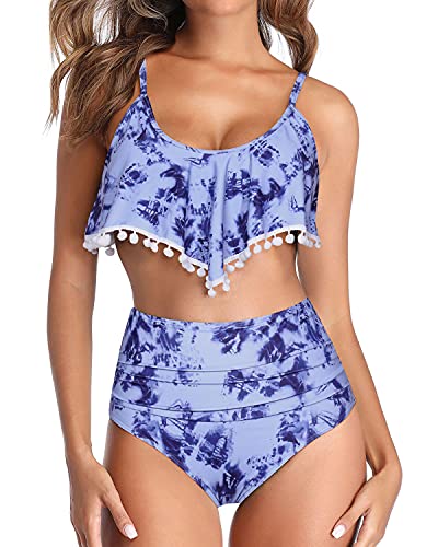 High Waisted Ruffle Trim Two Piece Bikini Swimsuit-Blue Tie Dye