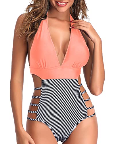 Women Sexy One Piece Swimsuits Cutout Monokini Plunge V Neck Halter Bathing Suits-Coral Pink Stripe