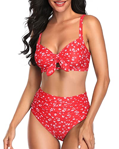 Push Up Padded Two Piece Bikini For Women Bathing Suits-Red Flower