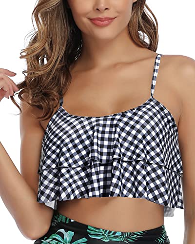 Tiered Flowy Ruffles Women Flounce Swimsuit Top-Black And White Checkered
