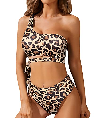 Chic Two Piece One Shoulder Tie Waisted Bikini Set High Cut Bottoms-Leopard
