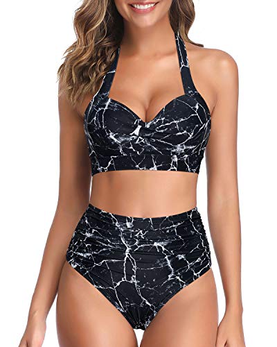 High-Cut Legs Pleated Front Panel Bikini Sets For Women-Black Marble