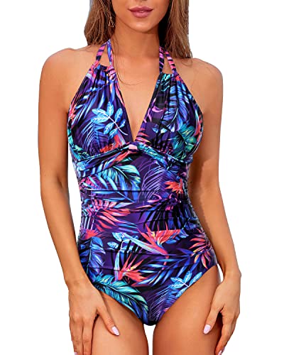 Slimming Bathing Suits Ruched Detail Backless Swimwear-Blue Leaves