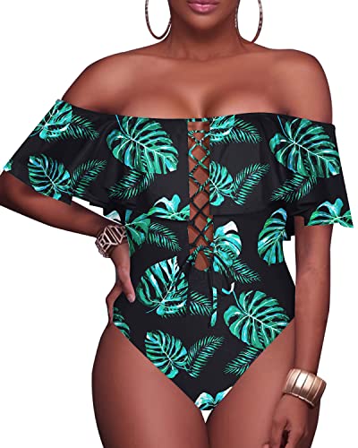 Flounce One Piece Swimsuit Off-The-Shoulder Lace-Up Backless Bathing Suit-Black And Green Leaf