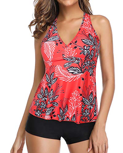 Sporty Bathing Suit Tummy Slimming Shirred Swim Tops And Boyshort-Red Floral