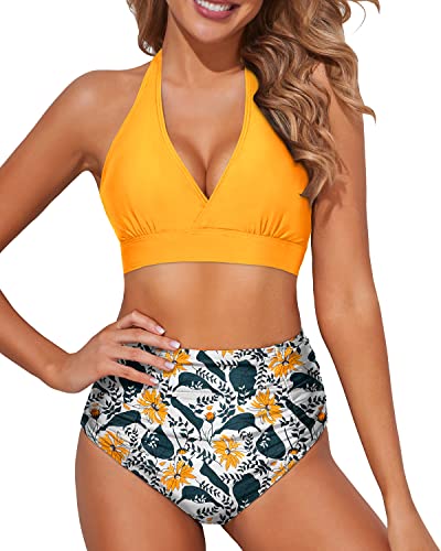 Two Piece Bikini Swimsuits Removable Padding Women's Bikini Swimsuits-Yellow Floral