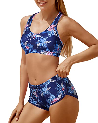 Mid Waist Boyleg Shorts Two Piece Bathing Suits For Women-Blue Floral