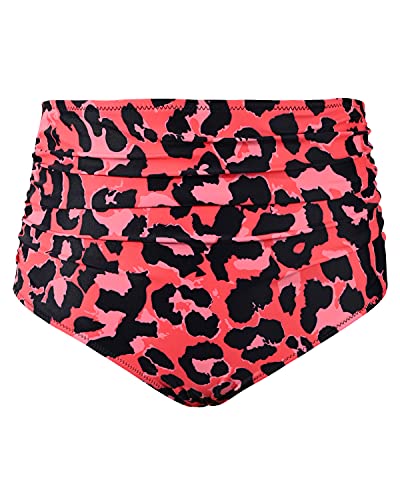Versatile Women High Waisted Bikini Bottom Retro Ruched Swim Short-Red Leopard