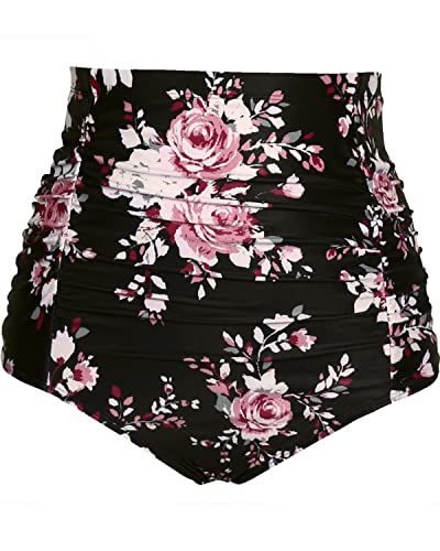 Vintage High Waisted Swim Bottom For Women-Black And Pink Floral