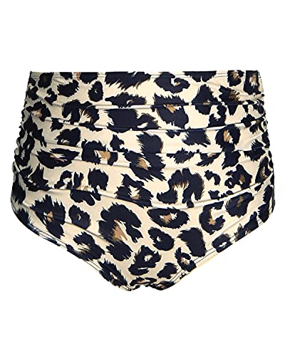 Flattering Women High Waisted Bikini Bottom Retro Ruched Swim Short-Leopard