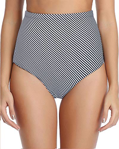 Women's Tummy Control Retro High Waisted Swimsuit Bottoms-Black And White Stripe
