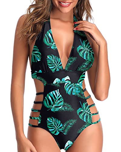Removable Padded Push-Up Bra Sexy One Piece Swimsuits-Black And Green Leaf