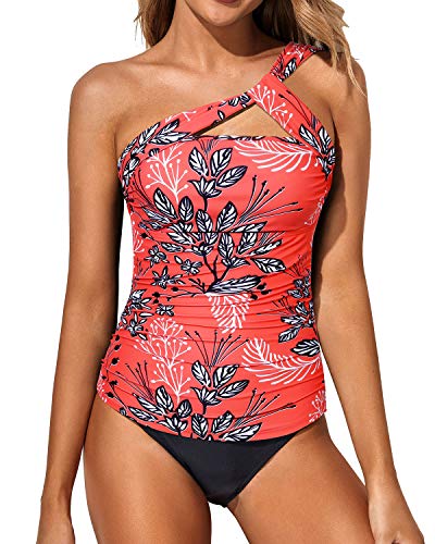 Women's Tankini Set One Shoulder Top & Ruched Shorts-Red Floral