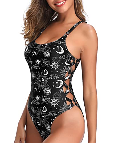 Flirty And Charming Lace Up One Piece Slimming Swimsuits For Women-Black Sun And Moon