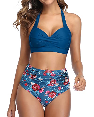 Figure-Flattering Pleated Front Halter Ruched High Waist Bikini-Blue Floral