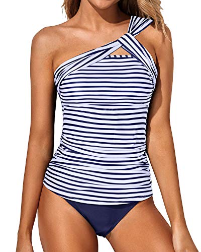Stylish One Shoulder Swim Top 2 Piece Tankini Bathing Suits For Women Shorts-Blue White Stripe