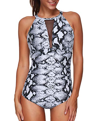 Ruched High-Neck Mesh Swimsuit Plunging Back For Women-Black And White Snake Print
