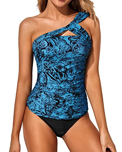 Women's Two Piece Tankini One Shoulder Top & Ruched Shorts-Black And Tribal Blue