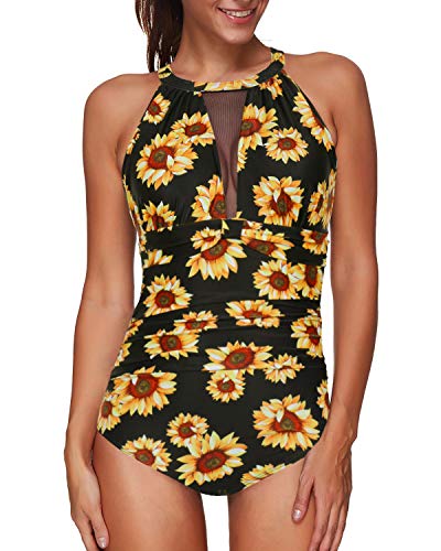 Stylish Plunge Neck Women's One Piece Swimsuit-Black And Sunflower