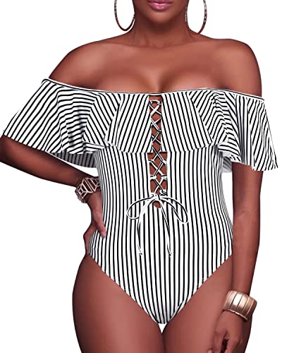 Flattering One Piece Lace Up Ruffled Bathing Suit-Black And White Stripe