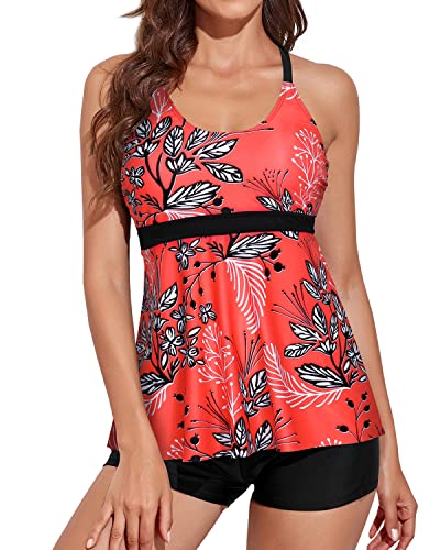 Modest Flowy Tankini Swimsuits Boy Shorts For Women-Red Floral