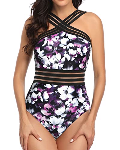 Supportive Push Up Bras Sexy One Piece Swimsuits-Purple Flowers