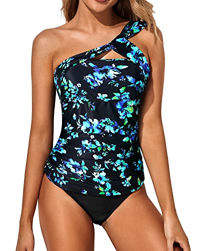 Ruched & Padded Bra Support Two Piece Tankini Bathing Suits For Women-Black Blue Floral