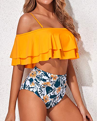 Flattering Off Shoulder Two Piece Bathing Suit-Yellow Floral