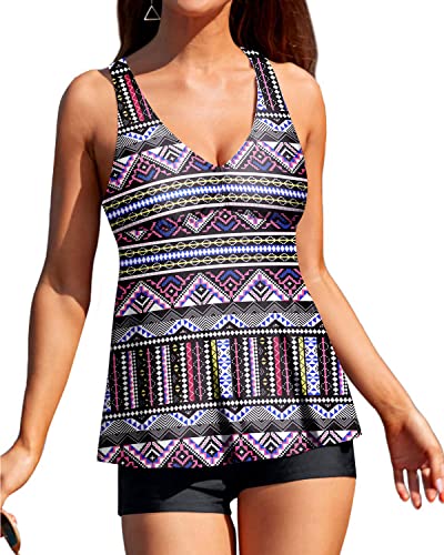 Slimming Flowy Tankini Bathing Suit Boyshort-Black Tribal