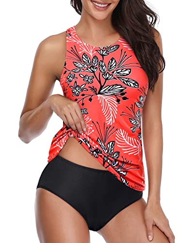 Cute Halter Two Piece Tankini Swimsuits High Neck And Shorts-Red Floral