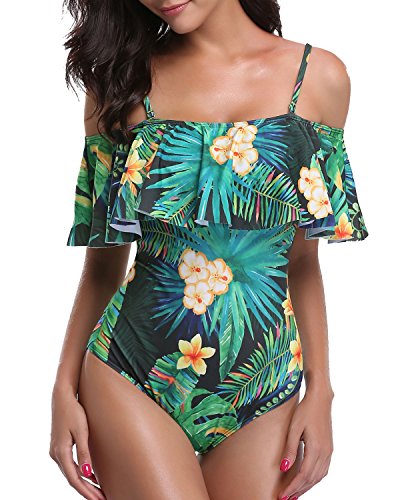 Gorgeous Off Shoulder One Piece Vacation Swimwear-Tropical Leaf