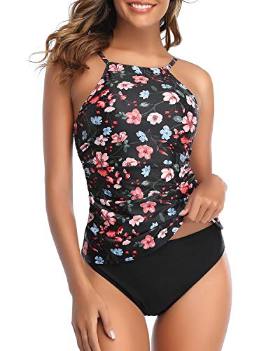 Slimming Padded Push Up Two Piece Tankini Swimsuit-Black And Pink Floral