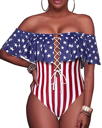 Off Shoulder Lace-Up One Piece Bathing Suit Ruffle Flounce Sexy Swimsuit-Flag
