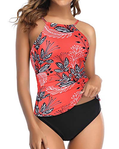 Padded Push Up Tummy Slimming 2 Piece Tankini Swimsuits For Women-Red Floral