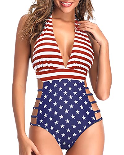 Plunge V Neck Halter Sexy One Piece Swimsuits-National Flag