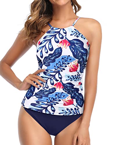 Padded Push Up Tankini Swimsuit Open Back-White And Blue Floral