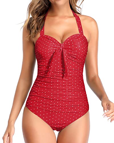 Tummy Control Swimsuits For Women Halter Bathing Suits For Women-Red Dot