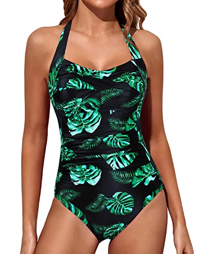 Sweetheart Neckline Slimming One Piece Swimwear-Black And Green Leaf