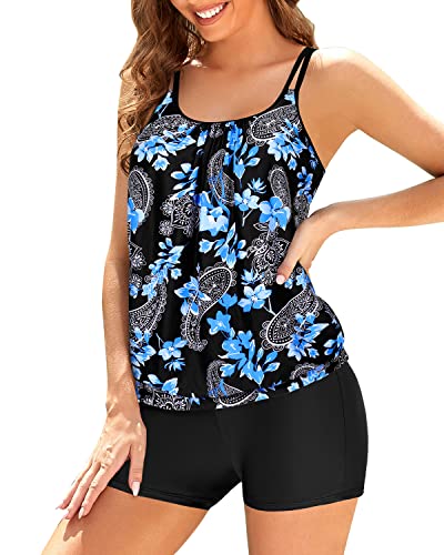 Women Two Piece Tankini Swimsuits Blouson Modest Swim Top-Black Floral