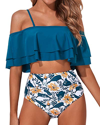 Charming Ruffle Off Shoulder Two Piece Swimsuit-Blue Floral