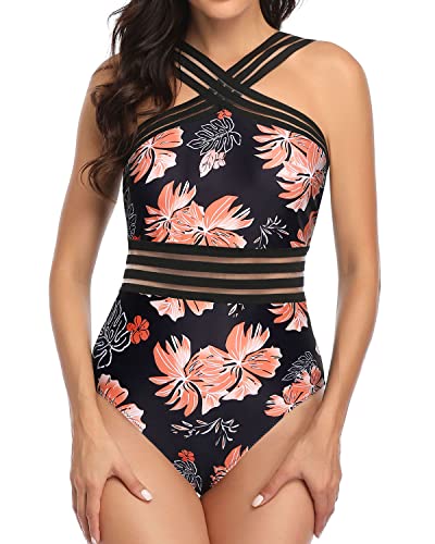 Women Sexy Crisscross One Piece Front Crossover Swimwear-Black Orange Floral