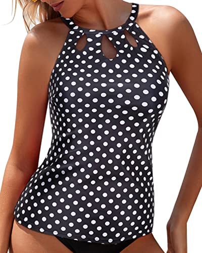 Flattering Halter Bathing Suit Top High Neck Tankini Top-Black Dot