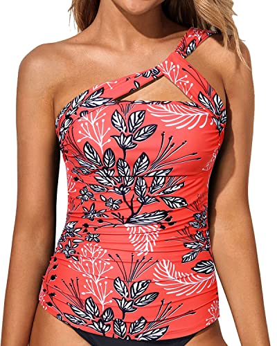 Cute And Sexy Ruched Swim Top Tummy Control Swim Tops-Red Floral