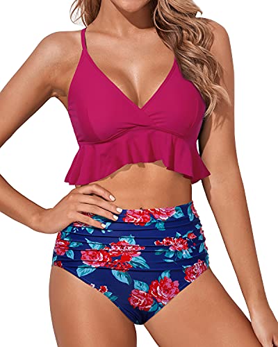 Women's Ruffle Flounce High Waisted Bikini Set-Pink Floral