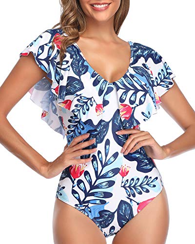 Trendy Bathing Suit Flounce Sleeve V Neck One Piece Swimsuit-White And Blue Floral