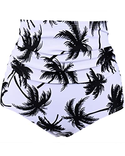 Booty Coverage High Waisted Swim Bottom For Women-Black Palm Tree