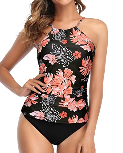 Two Piece Slimming Ruched Tankini High Cut Bottom-Black Orange Floral